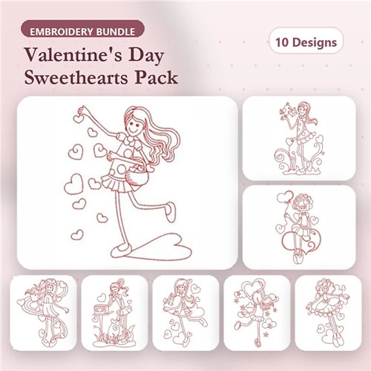 Redwork Valentine's Day Embroidery Designs Bundle – Girl with Hearts, Flower Bouquet, Heart with Arrows & More (10 Designs)