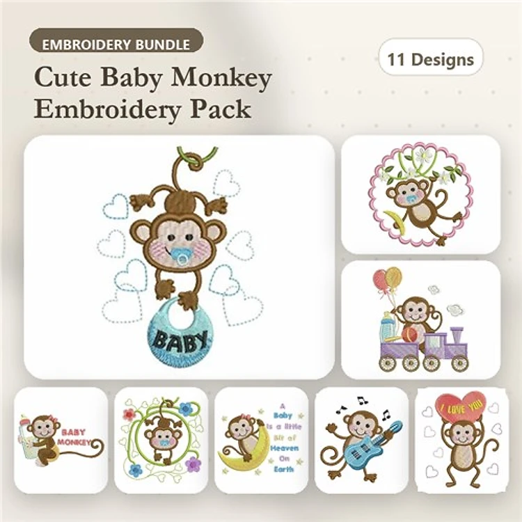 Cute Baby Monkeys Embroidery Designs Bundle – Baby Monkey with Hearts, Birthday Monkey, & More (11 Designs)