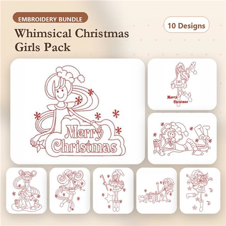 Redwork Whimsical Christmas Girls Embroidery Designs Bundle – Merry Christmas Girl, Santa Girl, Sleigh Girl & More (10 Designs)