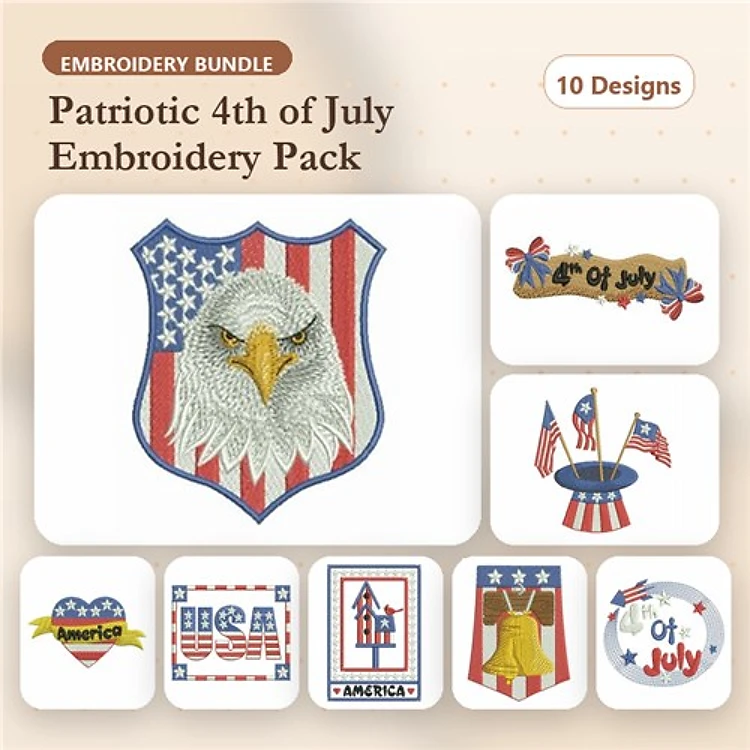 4th of July Patriotic Embroidery Designs Bundle – Eagle Emblem, Patriotic Shield, Fireworks Celebration & More (10 Designs)