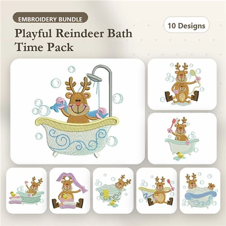Reindeer Bath Fun Embroidery Designs Bundle – Reindeer in Bathtub with Bubbles, Reindeer with Soap & More (10 Designs)