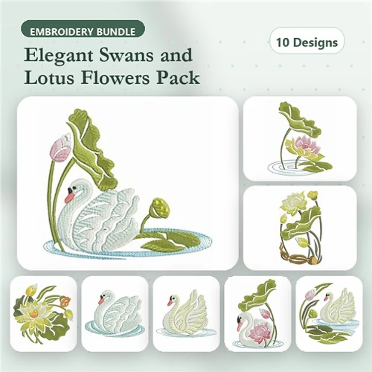 Swan & Lotus Flower Embroidery Designs Bundle – Elegant Swan, Swan in Pond, Lotus Blossom & More (10 Designs)