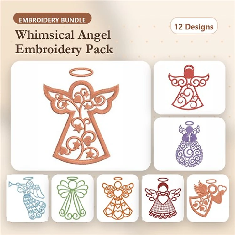 Redwork Whimsical Angel Embroidery Designs Bundle – Angel with Halo, Floral Angel, Charming Angel & More (12 Designs)