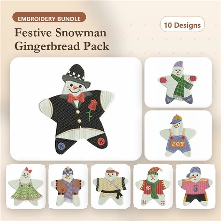 Applique Festive Snowman Gingerbread Embroidery Designs Bundle – Snowman with Black Hat, Purple Hat, Joy Shirt & More (10 Designs)