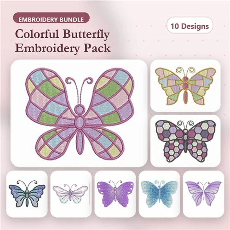 Colorful Butterflies Embroidery Bundle – Butterfly with Colorful Wings, Polygonal Butterfly, Lace Butterfly & More (10 Designs)