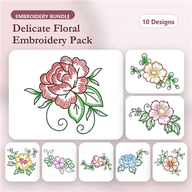 Floral Embroidery Designs Bundle – Rose Flower, Pink Flower, Blue Floral Design & More (10 Designs)