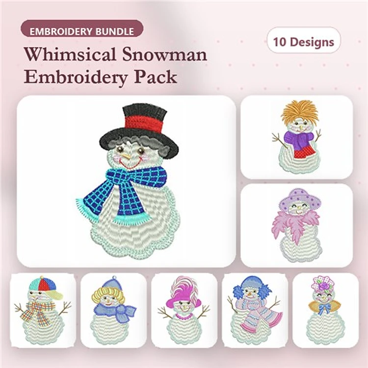 Snowman & Snowgirl Embroidery Designs Bundle – Snowman with Hat and Scarf, Snowman with Scarf and Gloves & More (10 Designs)
