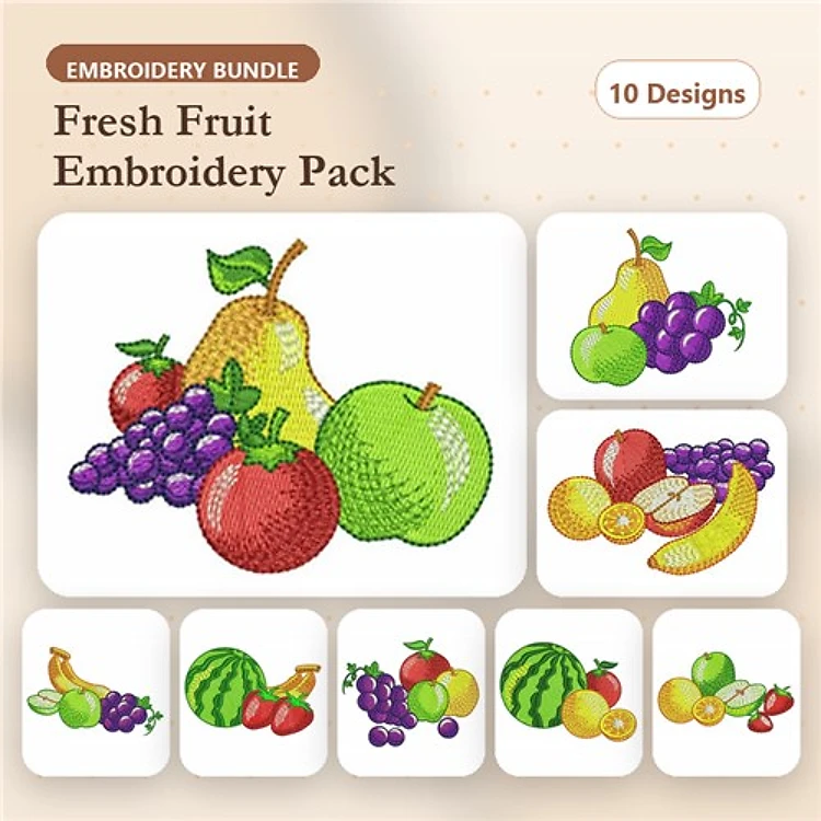 Fresh Fruit Embroidery Designs Bundle – Green Apple, Red Apple, Grapes & More (10 Designs)