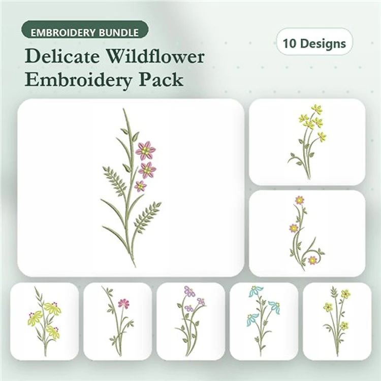 Wildflower Embroidery Bundle – Pink, Yellow, Blue, Purple & More (10 Designs)
