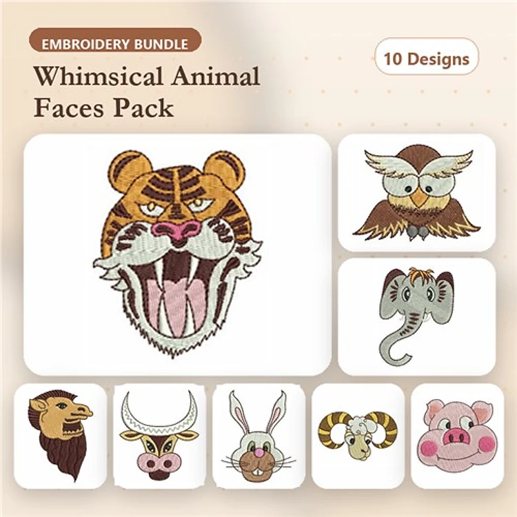 Wild Animal Faces Embroidery Bundle – Tiger, Owl, Elephant, Lion & More (10 Designs)