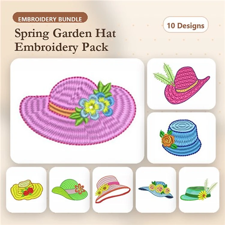 Spring Garden Hat Embroidery Designs Bundle – Pink Sun Hat, Blue Striped Hat, Yellow Garden Hat & More (10 Designs)