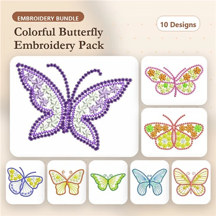 Butterfly Embroidery Bundle – Colorful Fluttering Beauties & More (10 Designs)