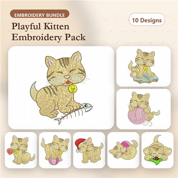 Playful Kittens Embroidery Designs Bundle – Kitten with Fish, Kitten with Ball of Yarn, Kitten with Christmas Hat & More (10 Designs)
