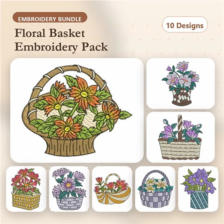 Floral Basket Embroidery Designs Bundle – Sunflowers, Lilies, Mixed Flowers & More (10 Designs)