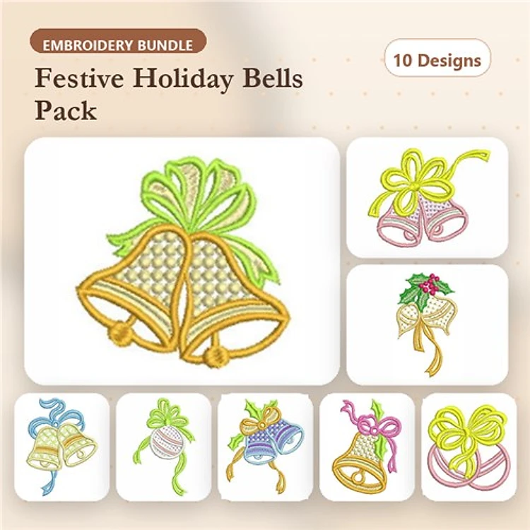 Festive Holiday Bells Embroidery Designs Bundle – Christmas Bell with Bow, Jingle Bells with Ribbon, Bell with Gift & More (10 Designs)