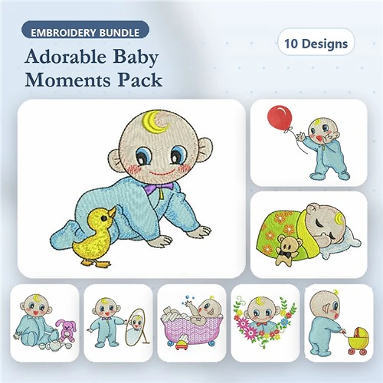 Adorable Baby Moments Embroidery Designs Bundle – Crawling Baby, Sleeping Baby, Baby with Balloon & More (10 Designs)