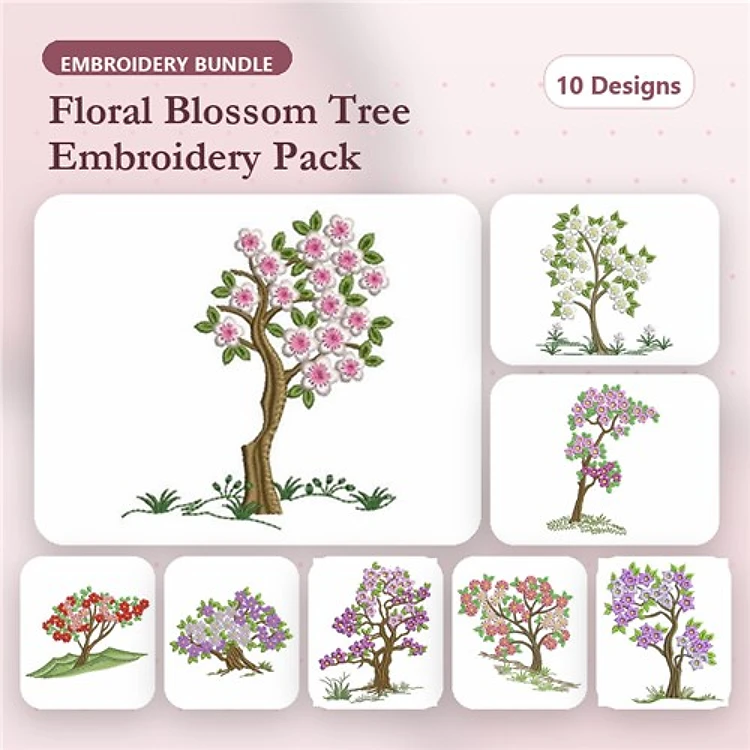 Floral Blossom Tree Embroidery Designs Bundle – Pink, White, Purple & More (10 Designs)