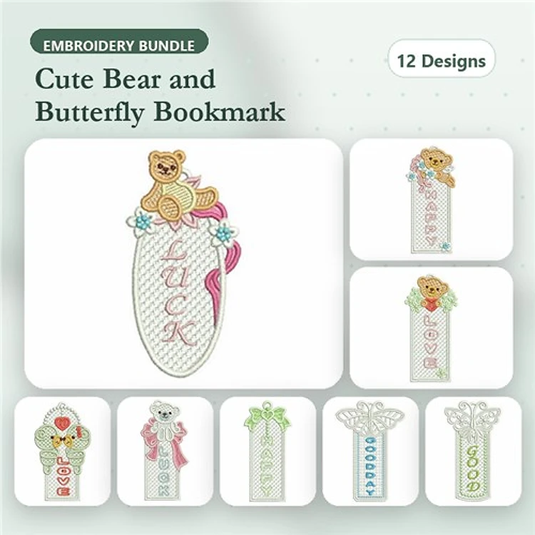 ITH Bear & Butterfly Embroidery Bundle – Bear Bookmark, Butterfly Lace Bookmark & More (12 Designs)