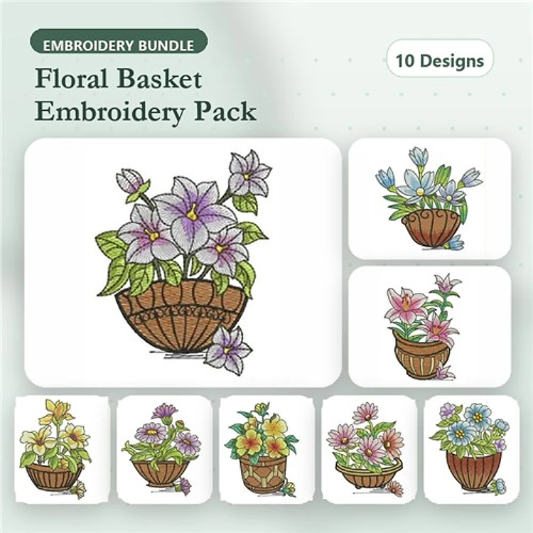 Floral Basket Embroidery Bundle – Purple, Blue, Tall Bouquet & More (10 Designs)