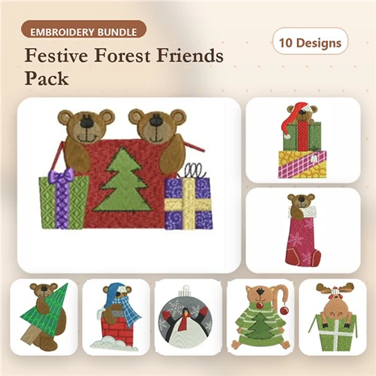 Applique Festive Forest Animals Embroidery Bundle – Bear with Gifts, Santa Bear, Snowman Bear & More (10 Designs)