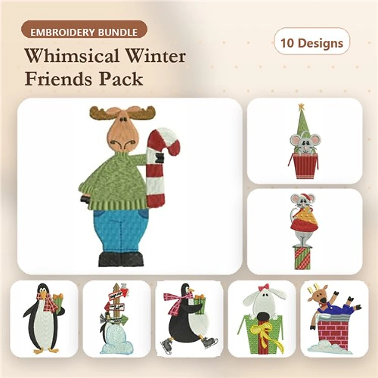 Whimsical Winter Friends Embroidery Bundle – Fun Holiday Characters (10 Designs)