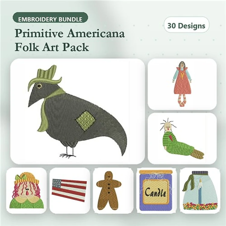 Primitive Americana Folk Art Embroidery Bundle – Folk Art Bird, Girl, American Flag & More (30 Designs)