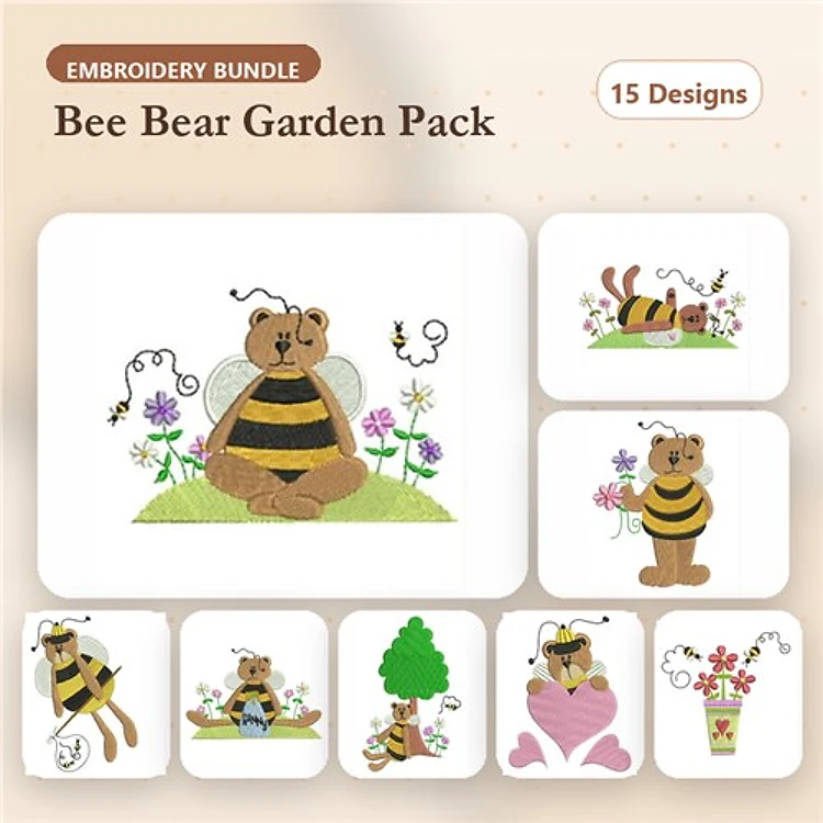 Bee Bear Embroidery Bundle – Bee Bear Sitting, Bee Bear with Flowers, Bee Bear Pollinating & More (15 Designs)