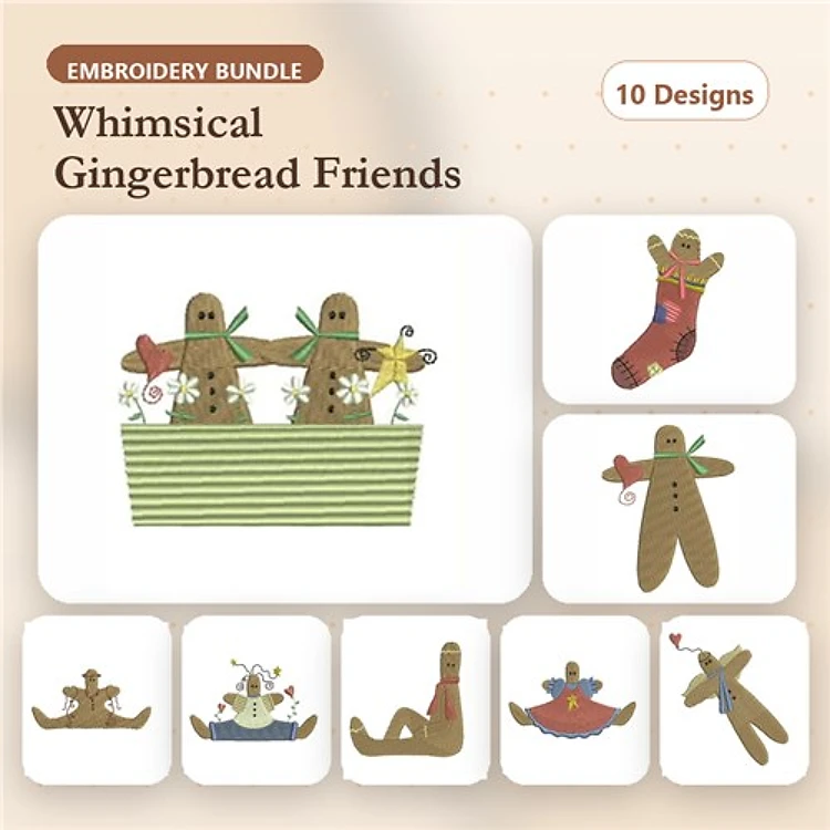 Gingerbread Friends Embroidery Bundle – Man with Heart, Woman with Candy, Family & More (10 Designs)