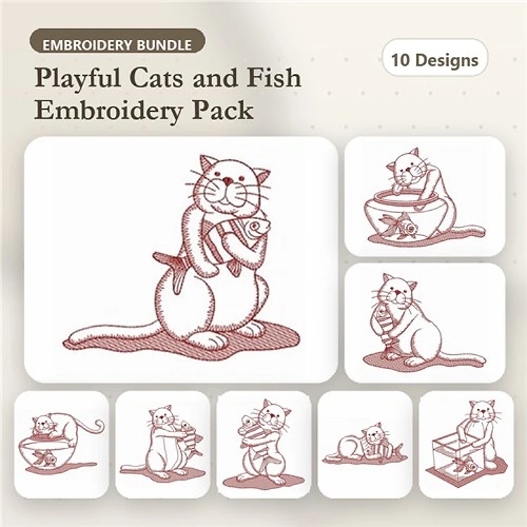 Redwork Playful Cats & Fish Embroidery Bundle – Cat with Fish, Cat Holding Fish, Cat Playing & More (10 Designs)