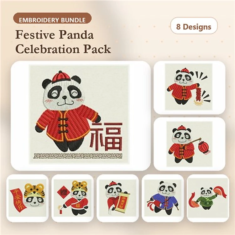 Festive Pandas Embroidery Designs Bundle – Panda with Lantern, Panda in Traditional Outfit, Panda with Firecracker & More (8 Designs)