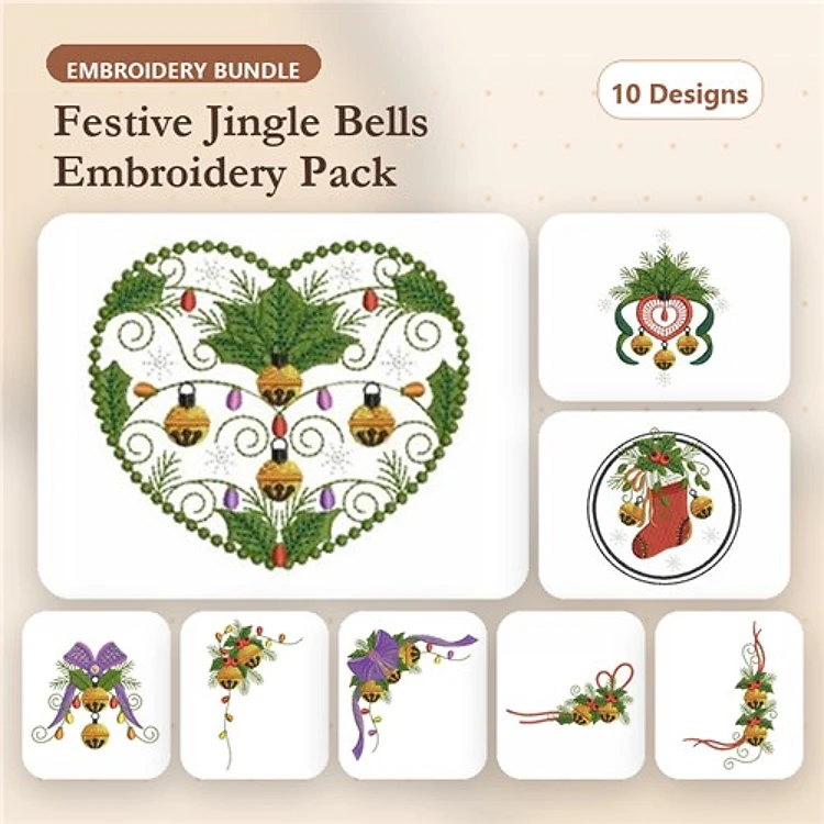 Jingle Bells & Holiday Decorations Embroidery Designs Bundle – Jingle Bell Heart, Holly and Bell, Christmas Stocking & More (10 Designs)