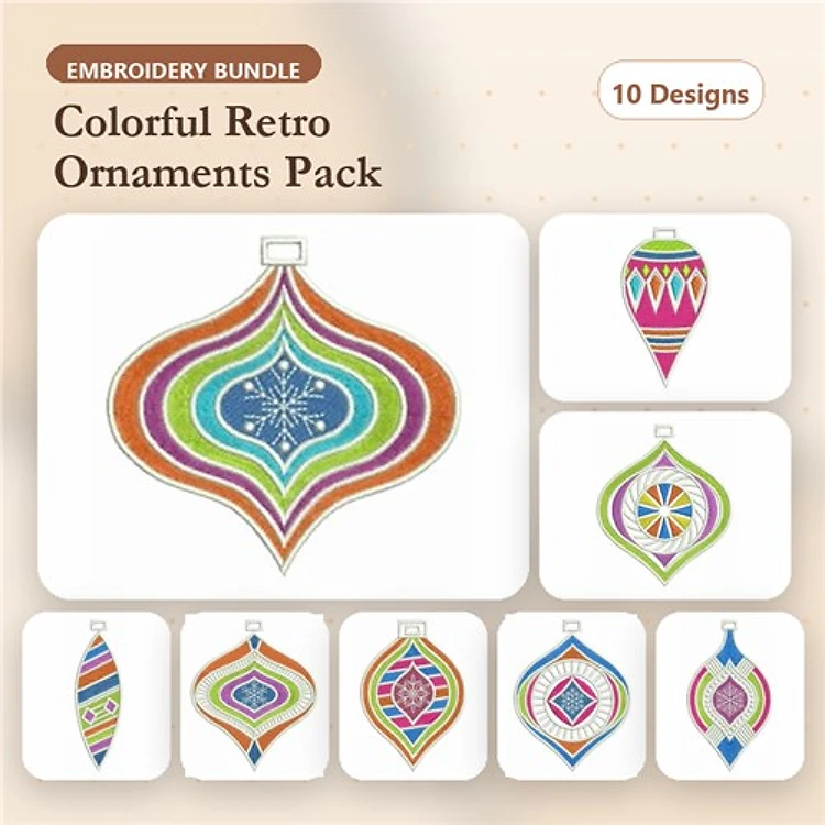 Colorful Retro Ornaments Embroidery Designs Bundle – Blue Star, Red & Green, Teardrop & More (10 Designs)