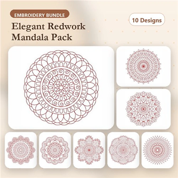 Elegant Redwork Embroidery Bundle – Mandala Design 1, Mandala Design 2, Mandala Design 3 & More (10 Designs)