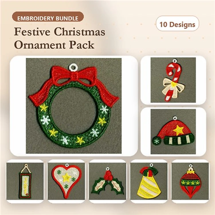 FSL Christmas Ornament Embroidery Bundle – Wreath, Candy Cane, Santa Hat & More (10 Designs)