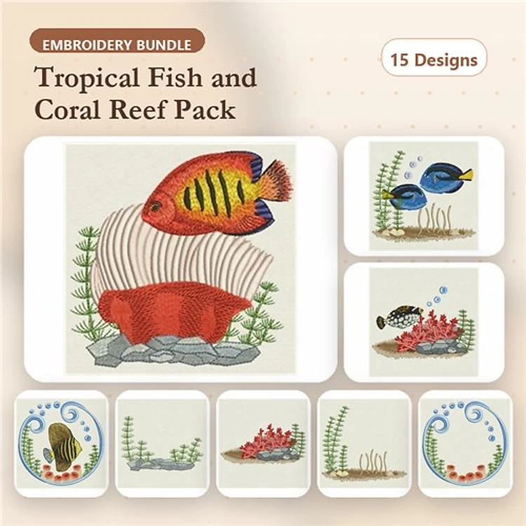 Tropical Fish & Coral Reef Embroidery Bundle – Yellow Tang Fish, Clownfish, Coral Reef Scene & More (15 Designs)