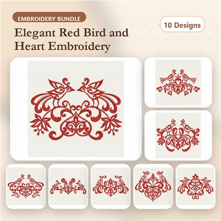 Redwork Elegant Red Birds & Hearts Embroidery Bundle – Ornamental Heart, Decorative Bird, Floral Accents & More (10 Designs)