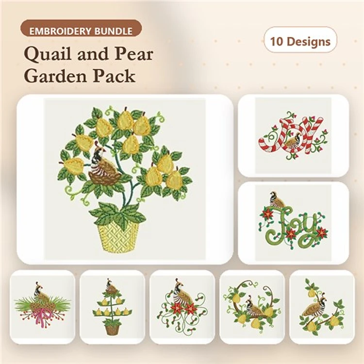 Quail and Pear Garden Embroidery Designs Bundle – Quail in Pear Tree, Joy with Quail, Floral Arrangement with Quail & More (10 Designs)