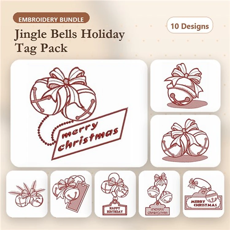 Redwork Christmas Tags Embroidery Designs Bundle – Jingle Bells with Bow, Merry Christmas Tag, Gift Tag with Holly & More (10 Designs)
