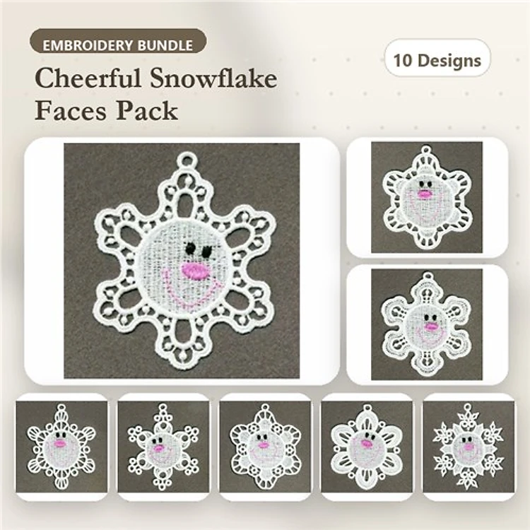 FSL Cheerful Snowflake Faces Embroidery Designs Bundle – Snowflake Face with Pink Cheeks & More (10 Designs)