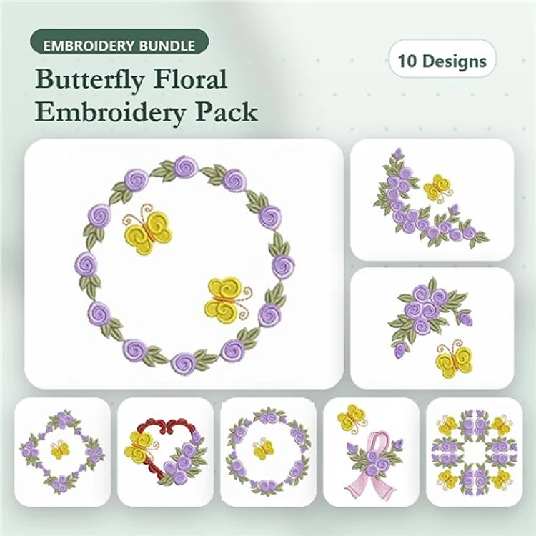 Butterfly & Floral Embroidery Designs Bundle – Butterfly Wreath, Floral Bouquets & More (10 Designs)