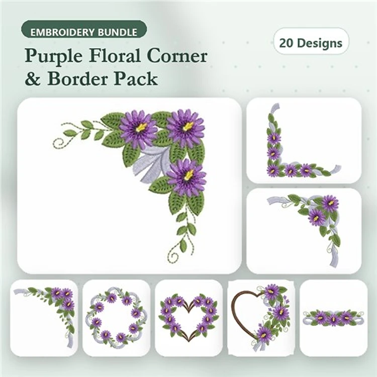 Floral Embellishment Embroidery Designs Bundle – Purple Flower Corners, Borders & More (20 Designs)