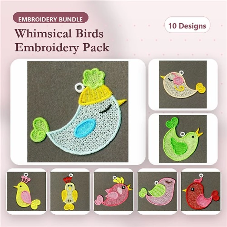 FSL Whimsical Birds Embroidery Bundle – Blue Bird with Hat, Pink Bird with Beak, Yellow Bird & More (10 Designs)