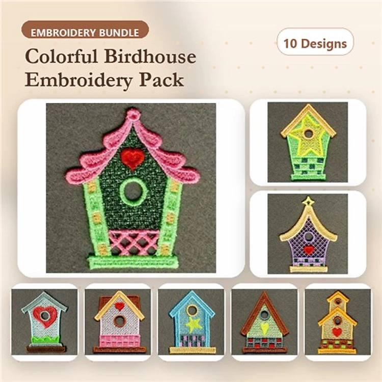 FSL Colorful Birdhouse Embroidery Bundle – Pink, Heart, Checkered & More (10 Designs)