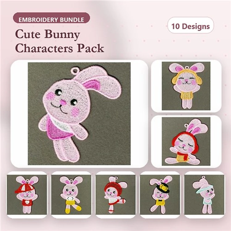 FSL Cute Bunny Characters Embroidery Bundle – Pink Bunny, Red Bunny, Bunny Girl & More (10 Designs)