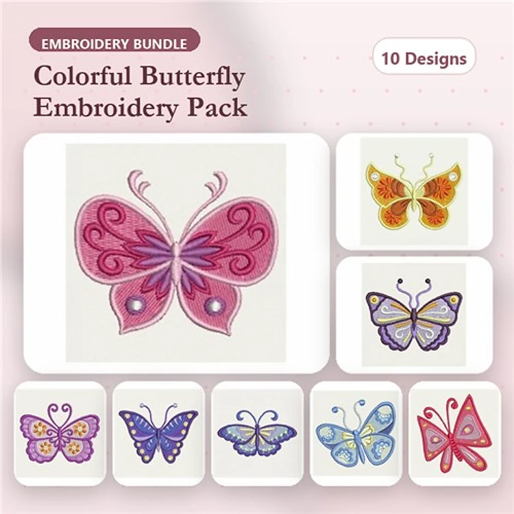 Colorful Butterflies Embroidery Designs Bundle – Pink, Orange, Blue & More (10 Designs)