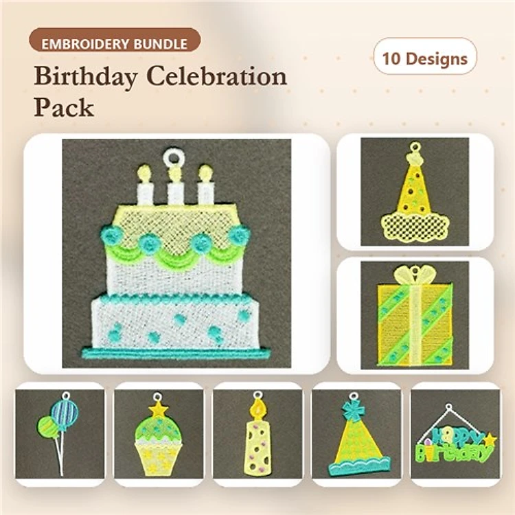 FSL Birthday Celebration Embroidery Designs Bundle – Cake, Party Hat, Gift Box & More (10 Designs)