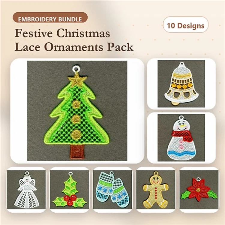 FSL Festive Christmas Ornaments Embroidery Designs Bundle – Christmas Tree, Snowman, Gingerbread Man & More (10 Designs)