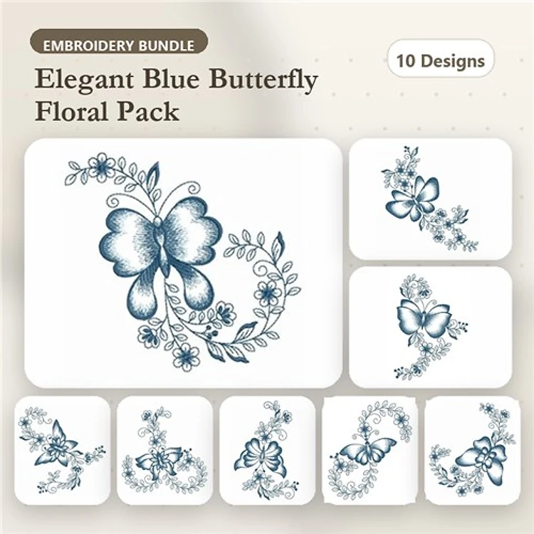 Redwork Blue Butterfly Floral Embroidery Bundle – Elegant Floral Butterfly, Charming Blue Butterfly, Butterfly Blossom & More (10 Designs)