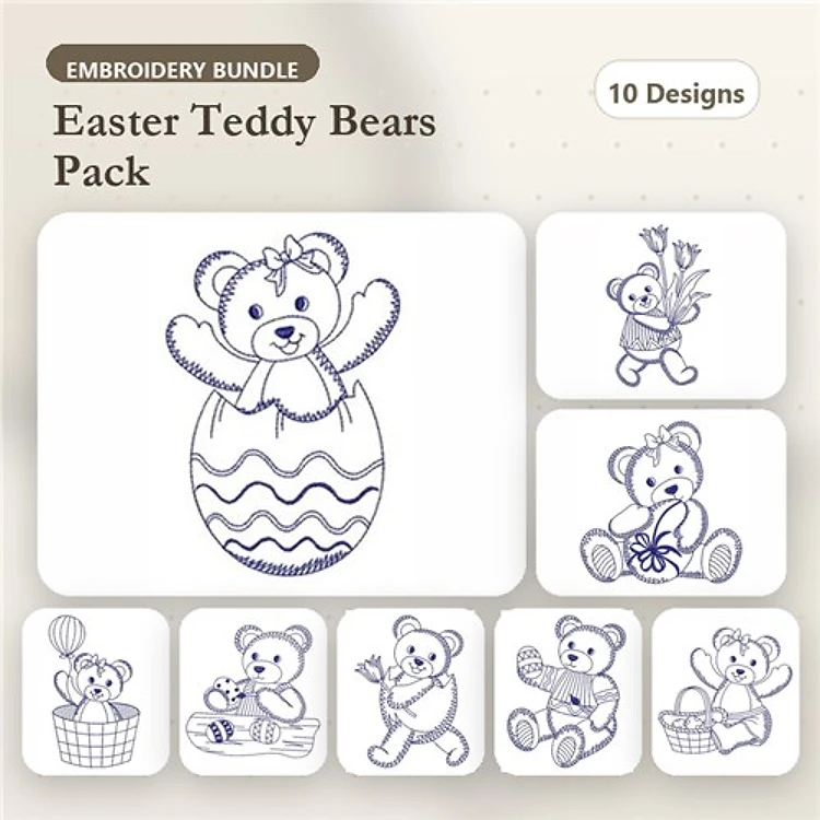 Redwork Easter Teddy Bears Embroidery Designs Bundle – Teddy Bear in Egg, Teddy Bear with Basket & More (10 Designs)