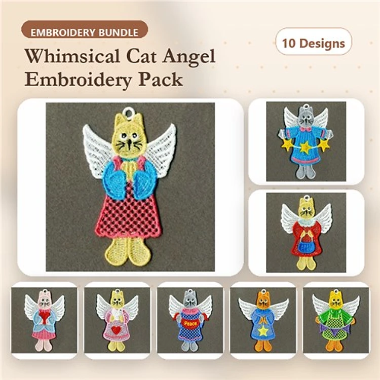 FSL Cat Angels Embroidery Designs Bundle – Cat Angel with Blue Wings, Cat Angel with Heart, Cat Angel in Red Dress & More (10 Designs)